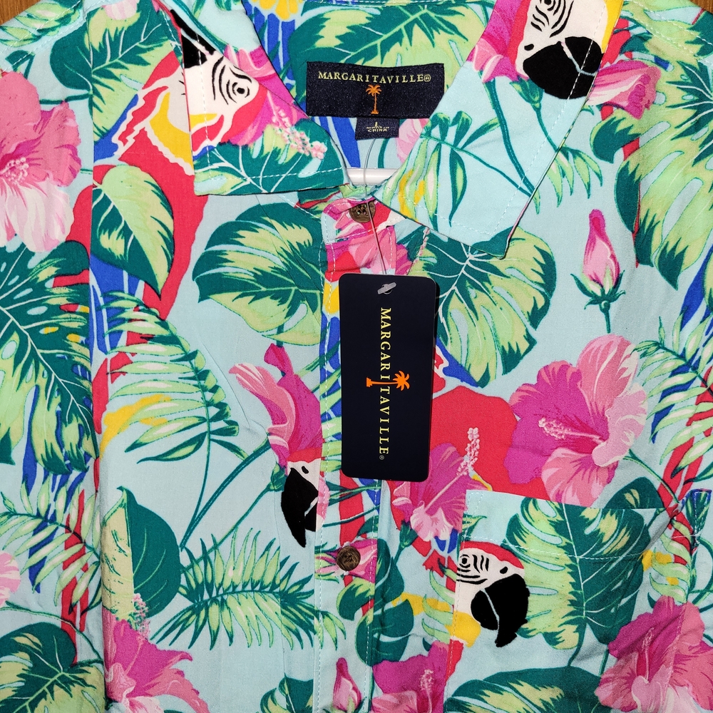 Margaritaville Green and Pink Tropical Casual Shirt with Parrots - Large - NWT - Picture 3 of 6